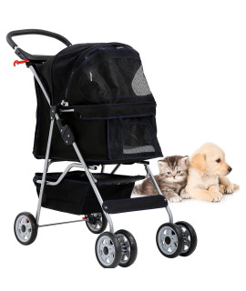 FLL Foldable Pet Dog Stroller Cat 4 Wheels Jogger Stroller, Travel Puppy with Weather Cover Storage Basket and Cup Holder,Dog Strollers for Small Medium Dogs Cats, Black, 35 x 17.9 x 38.4 Inch