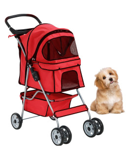 FLL Pet Stroller 4 Wheels Foldable Dog Cat Waterproof Puppy with Weather Cover,Cup Holder and Storage Basket,Travel Folding Carrier for Small Medium Cat,Red S04 33 x 17.5 38.6 Inch