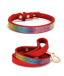 Charmsong Adjustable Rainbow Rhinestone Bling Dog Collar With Leash Soft Touch & Durable Microfiber Leather Crystal Pet Collars For Small & Medium Dogs Girly Red Xs