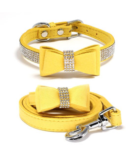 Charmsong Crystal Dog Collar With Bow Tie Rhinestone Jeweled Dazzling Sparkling Elegant Fancy Soft Puppy Bling Collars For Small Dogs With Leash Yellow Xs