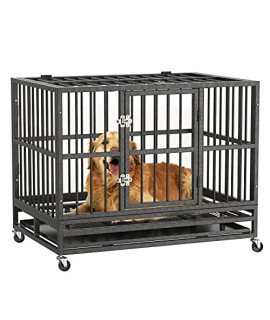 RULI Heavy Duty Dog Cage, 36'' Luxury Dog Crate and Kennels for Large Dogs Indoor Outdoor with Double Doors, Locks and Lockable Wheels, Black