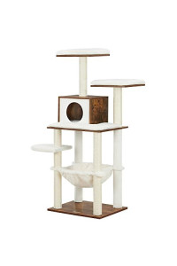 FEANDREA WoodyWonders Cat Tree, Modern Cat Tower for Indoor Cats, 54.3-Inch Multi-Level Cat Condo, Ultra-Soft Plush, Scratching Posts, Hammock, Removable, Washable Cushions, Rustic Brown UPCT164X01