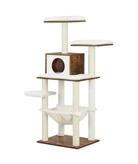 FEANDREA WoodyWonders Cat Tree, Modern Cat Tower for Indoor Cats, 54.3-Inch Multi-Level Cat Condo, Ultra-Soft Plush, Scratching Posts, Hammock, Removable, Washable Cushions, Rustic Brown UPCT164X01