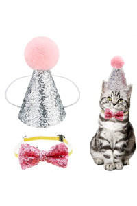 christmas Pet Party Jazz Hat and Blingbling Bow Tie Breakaway collar Set, Adjustable Headband for Kitten Puppy Small Dogs cats (01 Pink)