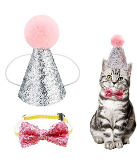 christmas Pet Party Jazz Hat and Blingbling Bow Tie Breakaway collar Set, Adjustable Headband for Kitten Puppy Small Dogs cats (01 Pink)