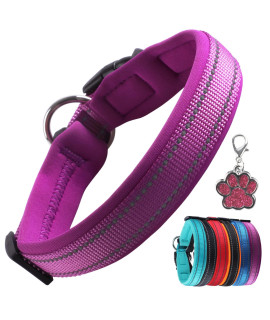 Pceotllar Padded Dog Collar With Tag Reflective Adjustable Dogs Collars Soft Nylon Neoprene Super Light Breathable For Small Medium Large Dogs - Purple Xs