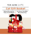 Ten Acre Gifts Cat Gift Basket, Assorted Toys and Treats Box Set for Indoor Cats and Kittens Includes Scratch Board, Teaser, Yarn Balls, Toy Mice, & Salmon Treats in a Fabric Basket