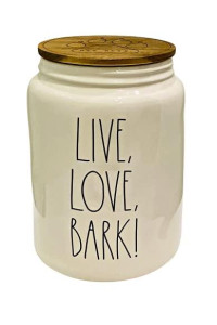 RAE DUNN BY MAGENTA Ceramic Pet/Dog Treat Canister/Jar | with Wooden Lid Inscribed: Live, Love, BARK!