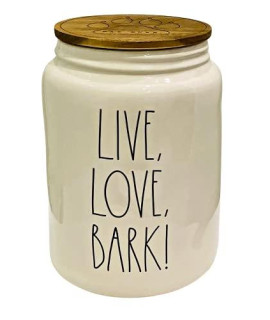 RAE DUNN BY MAGENTA Ceramic Pet/Dog Treat Canister/Jar | with Wooden Lid Inscribed: Live, Love, BARK!