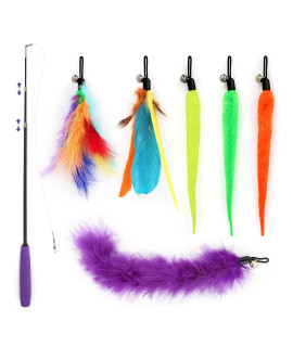 SONgWAY Interactive cat Feather Toys - 7 Pcs cat Toy Set, Retractable cat Wand Toy, Teaser Refills Worm Bird Feathers with Bell, cat Teaser Toys for Indoor cats Kitten Play chase Exercise, colorful