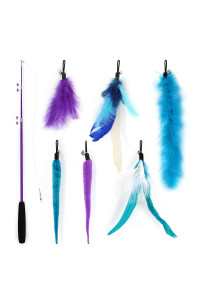 SONgWAY Interactive cat Feather Toys - 7 Pcs cat Toy Set, Retractable cat Wand Toy, Teaser Refills Worm Bird Feathers with Bell, cat Teaser Toys for Indoor cats Kitten Play chase Exercise, Blue