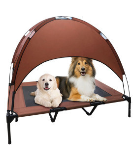 OLSAGO Elevated Dog Bed with Canopy, Portable Raised Pet Cot for Camping or Beach, Removable Canopy, Durable 1680D Oxford Fabric Raised Mesh Cot, Breathable Cooling Outdoor Dog Bed (Large, Brown)