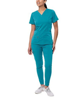 Adar Pro Flawless Plus Scrub Set for Women - Elevated V-Neck Top Jogger Scrub Pants - P9600 - Teal Blue - S