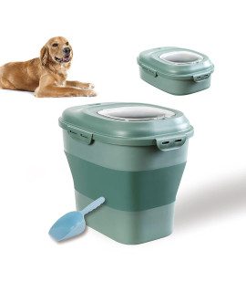 Large Sized Pet Food Storage Container with Lid, Foldable Snaps Closed Storage Bin with Food Scoop for Dog and Cat Food, 35LB Capacity Durable Airtight Rice Container Bucket with Wheels (Green)