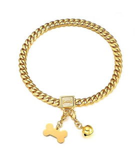 RUMYPET Gold Chain Dog Collar Walking Trainning Chain Collar with CZ Lock ID Tag and Bell Chew Proof 11MM/15MM/19MM Stainless Steel Cuban Link Chain for Small Medium Large Dogs (19mm, 10inch)