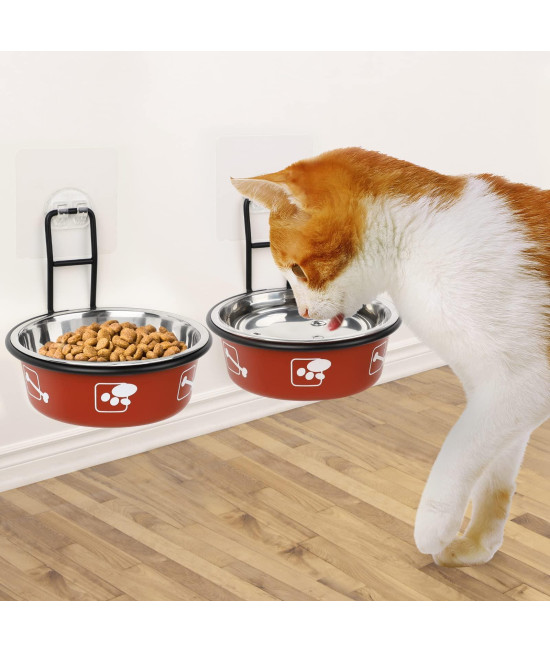Torlam Elevated Cat Bowls, Wall Mounted Cat Food Dish, Raised Cat Food And Water Bowls, Stainless Steel Elevated Pet Bowls With Stand, Nonslip No Spill Pet Feeding Bowls (2 Packs) (Red)