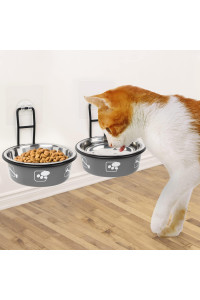 Torlam Elevated Cat Bowls, Wall Mounted Cat Food Dish, Raised Cat Food And Water Bowls, Stainless Steel Elevated Pet Bowls With Stand, Nonslip No Spill Pet Feeding Bowls (2 Packs) (Grey)