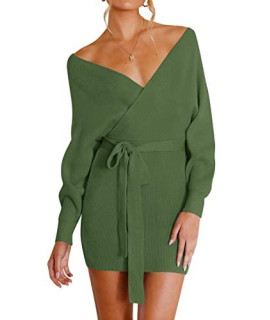 Zesica Womens Long Batwing Sleeve Wrap V Neck Knitted Backless Bodycon Pullover Sweater Dress With Belt,Armygreen,Small