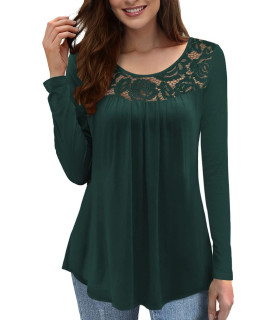 LETDIOSTO Womens Tops Long Sleeve O-Neck Lace Pleated Tunic Tops Blouse Shirts Dark green, Medium