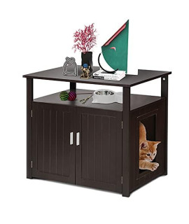 YHG Wooden Cat Litter Box Enclosure, Furniture Large Box House with Wide Tabletop for Nightstand (Brown)