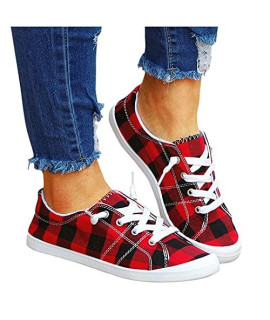Canvas Shoes for Women,wlczzyn Women's Fashion Sneakers Plaid Lace Up Flat Shoes Comfy Casual Loafers Red