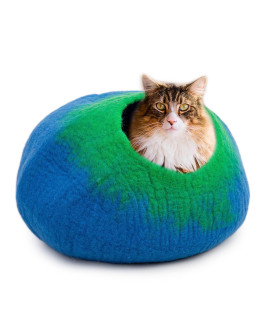 Woolygon - Wool Cat Cave Bed Handcrafted from 100% Merino Wool, Eco-Friendly Felt Cat Cave for Indoor Cats and Kittens (Emerald Indigo)