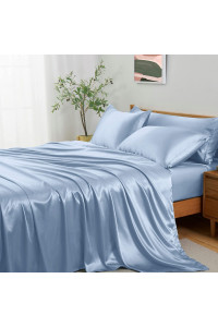 Entisn 5Pcs Baby Blue Sheets For Full Size Bed + Body Pillow Cover, Silky Satin Sheets Set, Luxury Bedding Sheet Set, Breathable & Ultra Soft, Includes 1 Fitted Sheet, 1 Flat Sheet, 3 Pillowcases