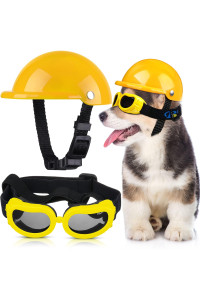Pet Dog Helmet And Dog Goggles Set 4 Inch Padded Pet Motorcycle Helmet Dog Sunglasses Safety Pet Cap Dog Hard Hat Adorable Puppy Goggles With Adjustable Belt For Small Dog Riding,S Size (Yellow)