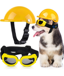 Pet Dog Helmet And Dog Goggles Set 4 Inch Padded Pet Motorcycle Helmet Dog Sunglasses Safety Pet Cap Dog Hard Hat Adorable Puppy Goggles With Adjustable Belt For Small Dog Riding,S Size (Yellow)