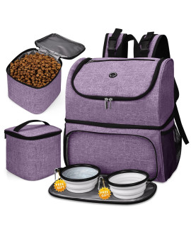 BAgLHER Pet Travel Bag, Double-Layer Pet Supplies Backpack (for All Pet Travel Supplies), Pet Travel Backpack with 2 Silicone collapsible Bowls and 2 Food Baskets Lavender
