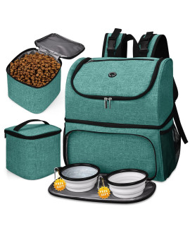 BAgLHER Pet Travel Bag, Double-Layer Pet Supplies Backpack (for All Pet Travel Supplies), Pet Travel Backpack with 2 Silicone collapsible Bowls and 2 Food Baskets green