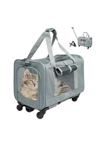 Xverycan Cat Carrier with Wheels Pet Carriers Airline Approved Soft Sided Breathable Mesh Window Collapsible Handle Cat Travel Carrier Grey