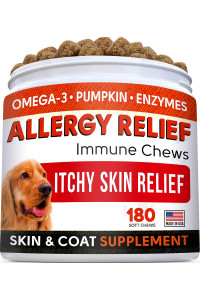 Allergy Relief Dog Treats w/ Omega 3 + Pumpkin + Enzymes + Turmeric - Itchy Skin Relief - Immune & Digestive Supplement - Skin & Coat Health - Anti-Itch & Hot Spots -Dogs & Cats - 180ct Chicken Flavor