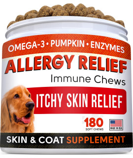 Allergy Relief Dog Treats w/ Omega 3 + Pumpkin + Enzymes + Turmeric - Itchy Skin Relief - Immune & Digestive Supplement - Skin & Coat Health - Anti-Itch & Hot Spots -Dogs & Cats - 180ct Chicken Flavor