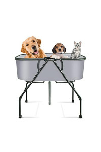 Acrowell Portable Pet Bathtub, Folding Dog Cat Wash Station, Replaceable Basin Design, Suitable for Small & Medium Sized Pets, for Indoor & Outdoor with Four Wheels, Grey