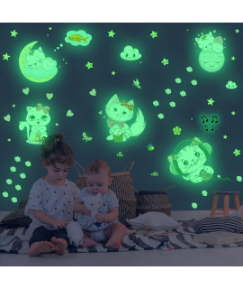 Glow In The Dark Stars For Room,Cats Glowing Wallceiling Decals, Kitten Butterflies Stickers For Kids Bedroom, Clouds Bees Luminous Wall Decor For Boy And Girl Living Room