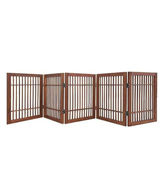 Pet Dog gate Strong and Durable Freestanding Folding Acacia Hardwood Portable Wooden Fence Indoors or Outdoors by Urnporium (Brown Pet gate, 5 Panel 24 Tall)