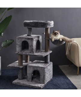 Zwmbyn Multi-Level Cat Tree With Sisal-Covered Scratching Posts 45 Inches Premium Plushed Cat Condo With Dangling Ball And Hammock Cat Cave Perches For Large Cat Kitten Meow (Grey)