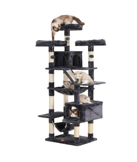 Heybly Cat Tree 73 Inches Xxl Large Cat Tower For Indoor Cats Multi-Level Cat Furniture Condo For Large Cats With Padded Plush Perch Cozy Basket And Scratching Posts Smoky Gray Hct030G