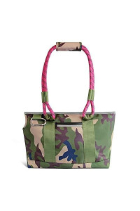 ROVERLUND Commuter Pet Tote for Small Dogs & Cats (up to 15lbs) - Ergonomic Neck Scoop & Built-in Leash - Suitable for Public Transport (Camo/Magenta)