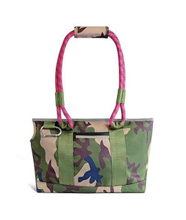 ROVERLUND Commuter Pet Tote for Small Dogs & Cats (up to 15lbs) - Ergonomic Neck Scoop & Built-in Leash - Suitable for Public Transport (Camo/Magenta)