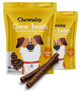 Chewsday 6-Inch Chewy Dog Chew Twists, Made in The USA, All Natural Rawhide-Free Highly-Digestible Treats, Peanutty Bliss - 28 Count
