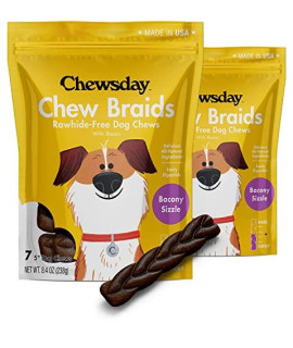 Chewsday 5-Inch Dog Chew Braids, Made in The USA, All Natural Rawhide-Free Highly-Digestible Treats, Bacony Sizzle - 14 Count