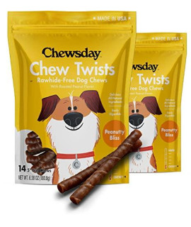 Chewsday 5-Inch Chewy Dog Chew Twists, Made in The USA, All Natural Rawhide-Free Highly-Digestible Treats, Peanutty Bliss - 28 Count