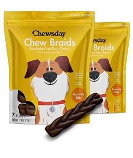 Chewsday 6-Inch Dog Chew Braids, Made in The USA, All Natural Rawhide-Free Highly-Digestible Treats, Peanutty Bliss - 14 Count