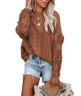 Dokotoo Womens Winter Crew Neck Sweaters Lace Crochet Long Sleeve Solid Hollow Out Autumn Basic Casual Loose Oversized Chunky Knit Pullover Sweaters Jumper Tops Brown Xxl