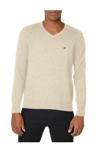 Tommy Hilfiger mens Essential Long Sleeve cotton V-neck Pullover Sweater, Beige Heather, X-Small US