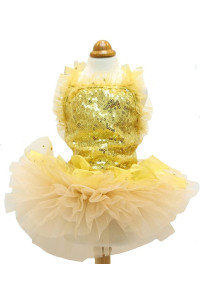 Marupet Fashion Sweet Puppy Dog Blingbling Princess Skirt Pet Dog Lace Cake Camisole Tutu Dress Golden S
