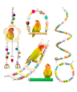 PANQIAGU 6 Pcs Bird Parrot Toys, Hanging Bell Pet Bird Cage Hammock Swing Toy Wooden Perch Chewing Toy for Small Parrots, Conures, Love Birds, Small Parakeets Cockatiels, Macaws, Finches