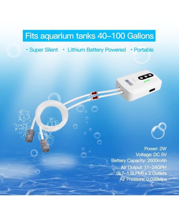 Ultra Quiet Portable Aquarium Air Pump for Fish Tank with Accessories,  Rechargeable Battery Powered Bait Aerator Pump with Long Lasting Usage,  Outdoor